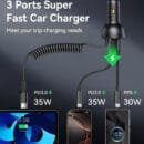 USB C 65W Car Charger Fash Charging Phone Charger Adapter PD35W & QC30W with 5.2ft 30W Type C Coiled Cable